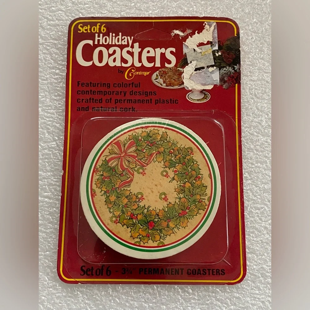 Conimar Set of 6 New HOLIDAY COASTERS Christmas Wreath - Vintage Decor